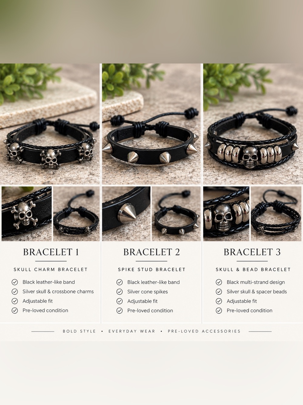 Black Spike Stud Leather Bracelets - Unbranded